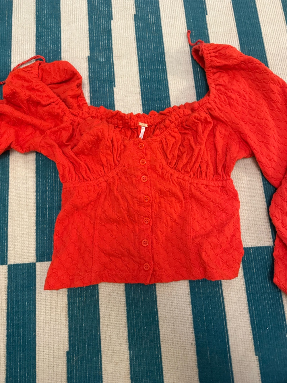 Free People Red Smocked Button-Down Peasant Blouse
